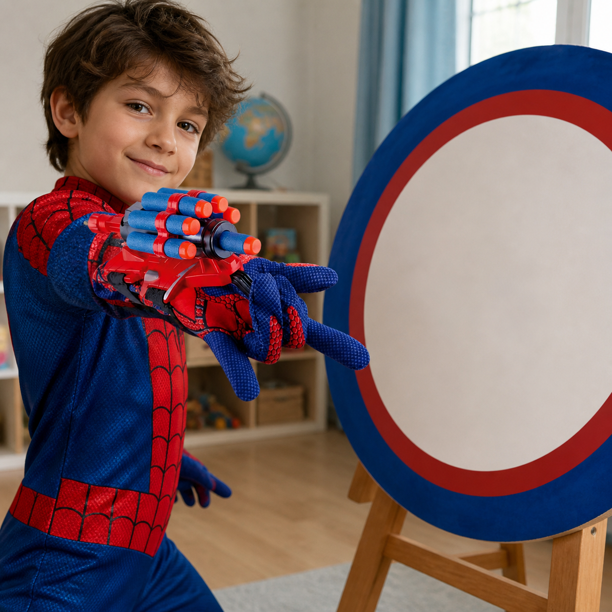 Adult Spider Web Soft Bullet Launcher Glove Cosplay — adult wearing the glove and aiming a soft foam dart at a large empty target board