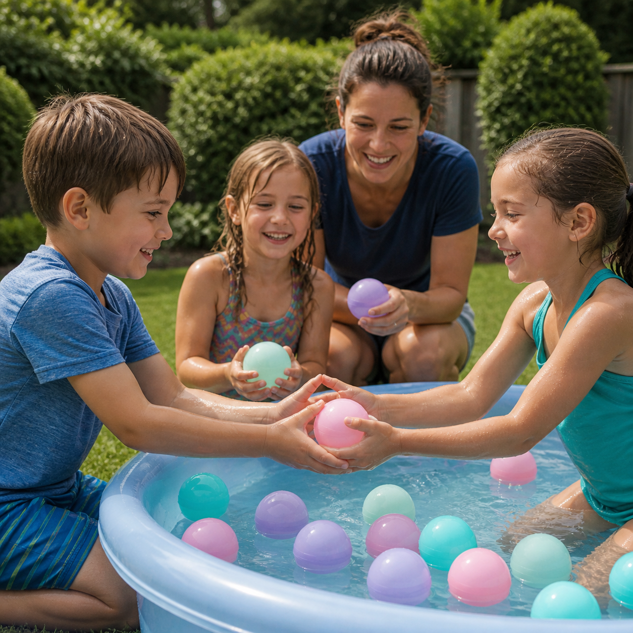 Reusable Water Balls Self-Seal Fast Inflating Silicone S — children passing the filled balls gently in a supervised backyard game, no face throws