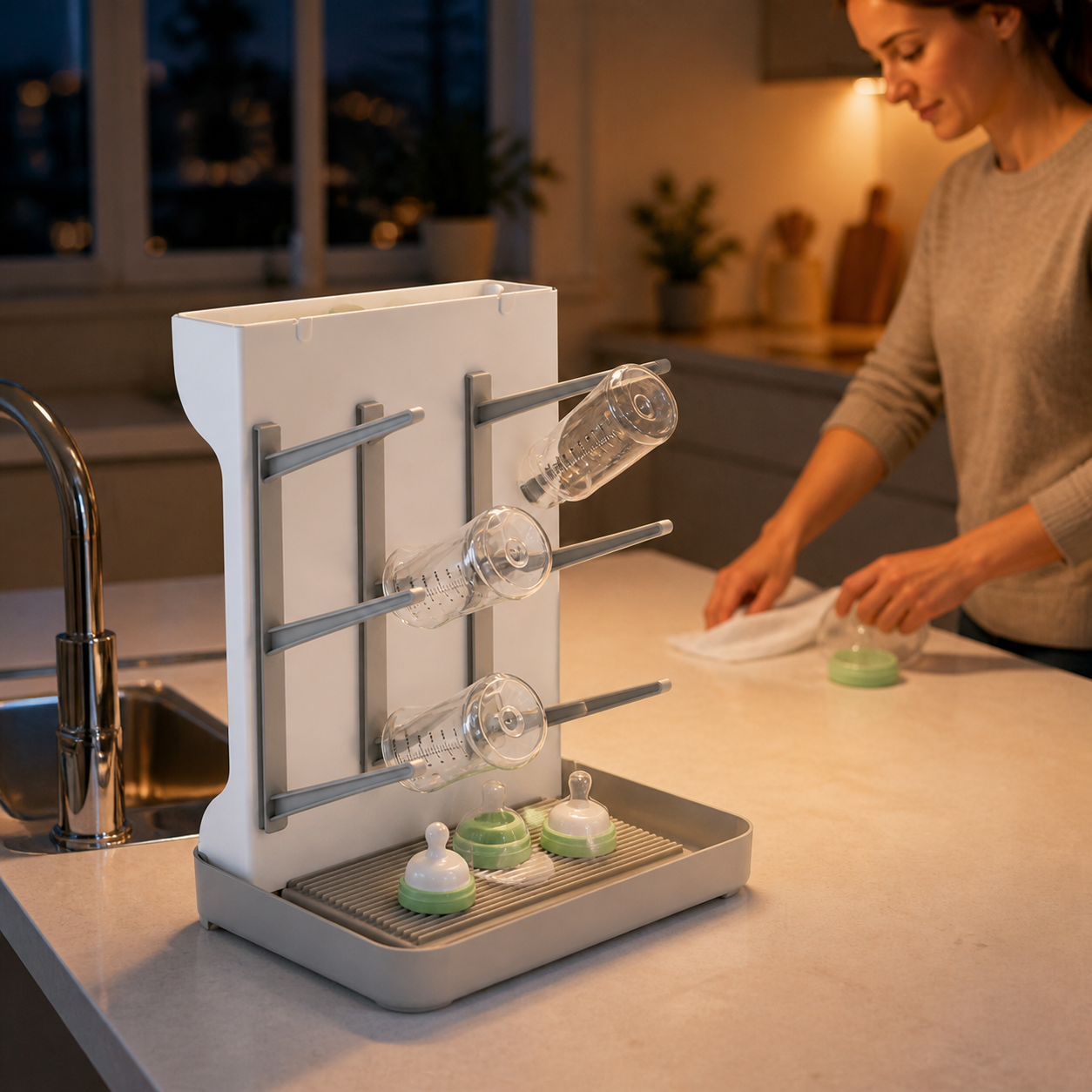 Organised bottle drying station on a clean family kitchen counter
