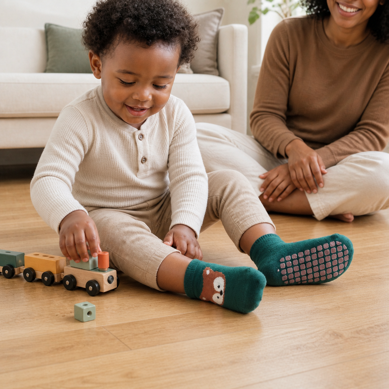 Young child wearing green fox ankle socks with dotted non-slip sole visible