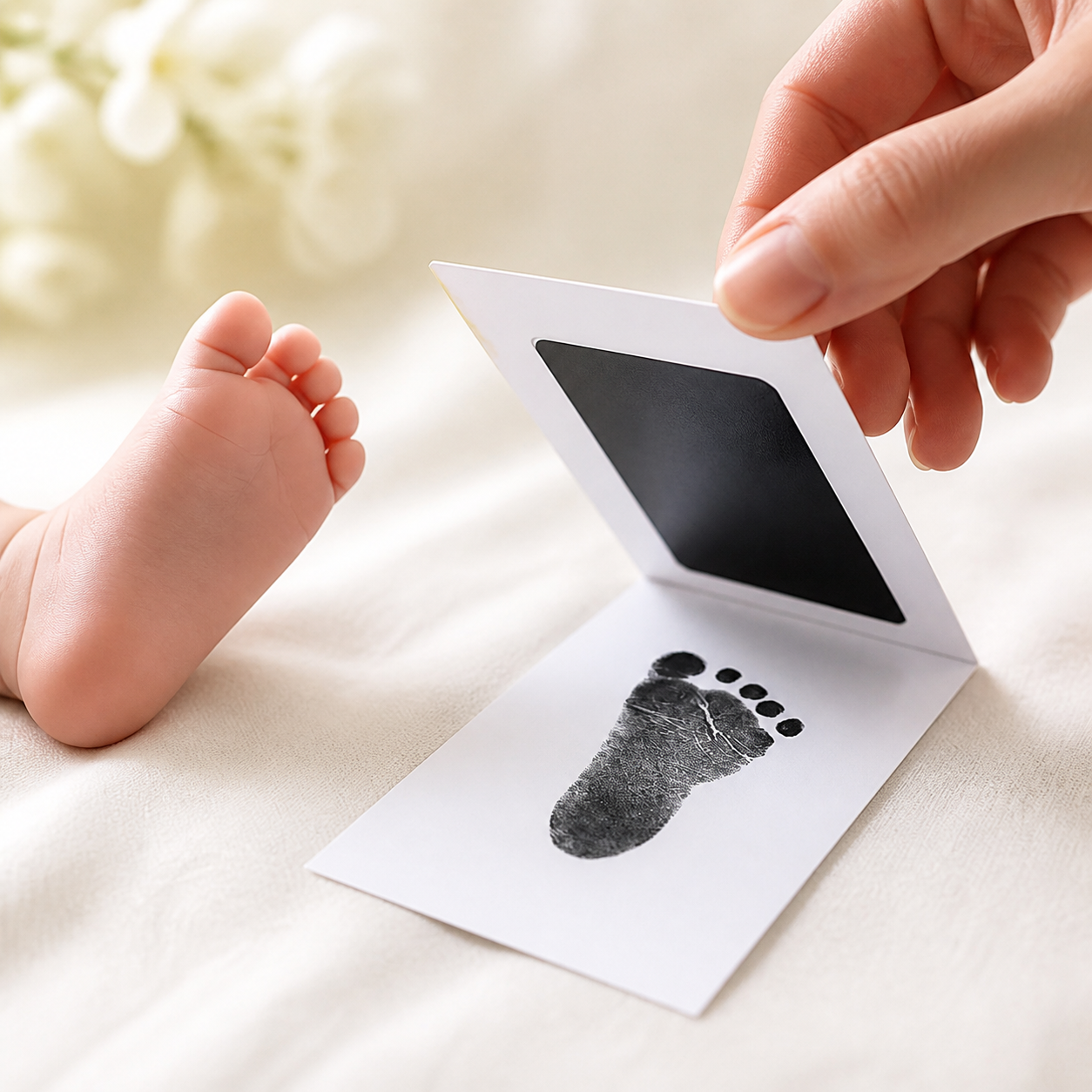 Adult lifting a clean-touch frame to reveal a baby footprint on the card
