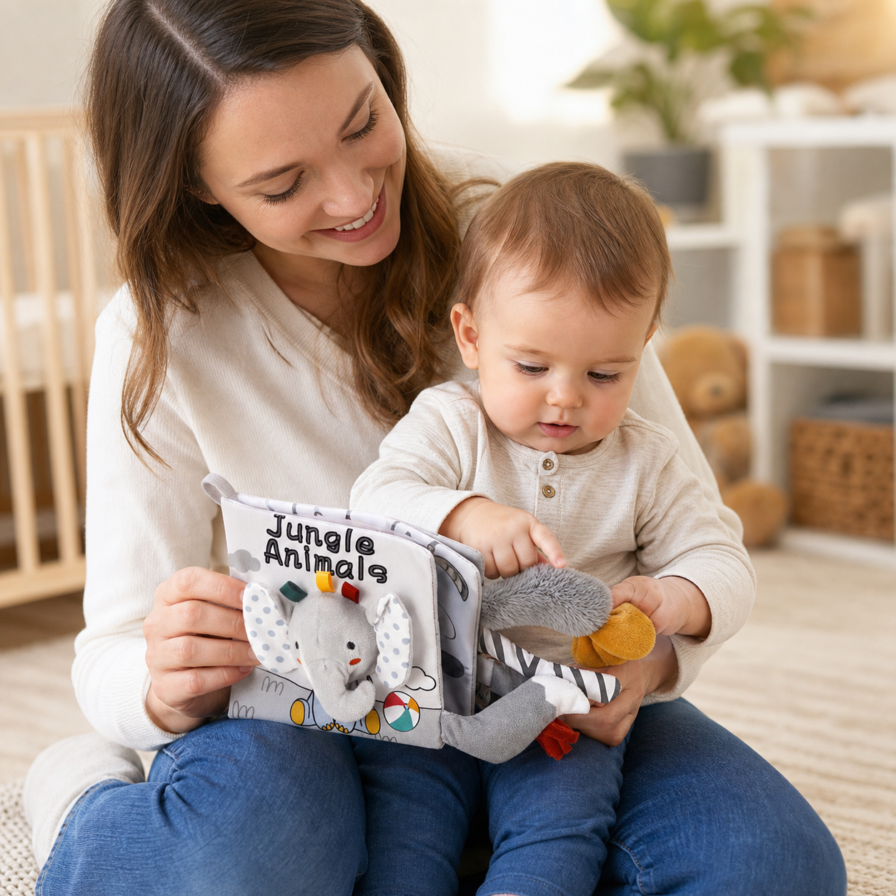 Parent and baby turning a padded Jungle Animals book page and touching the plush textures