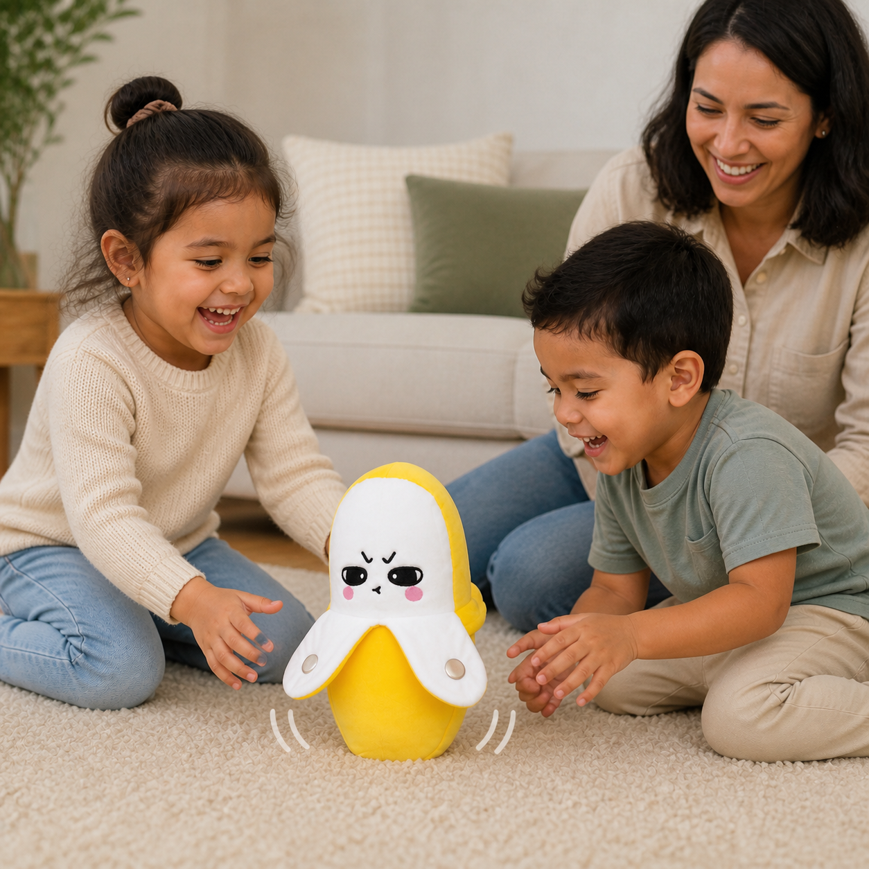 Creative Fruit Induction Metronome Sensory Banana Plush Toy — two young children laughing as the banana plush moves on the rug between them