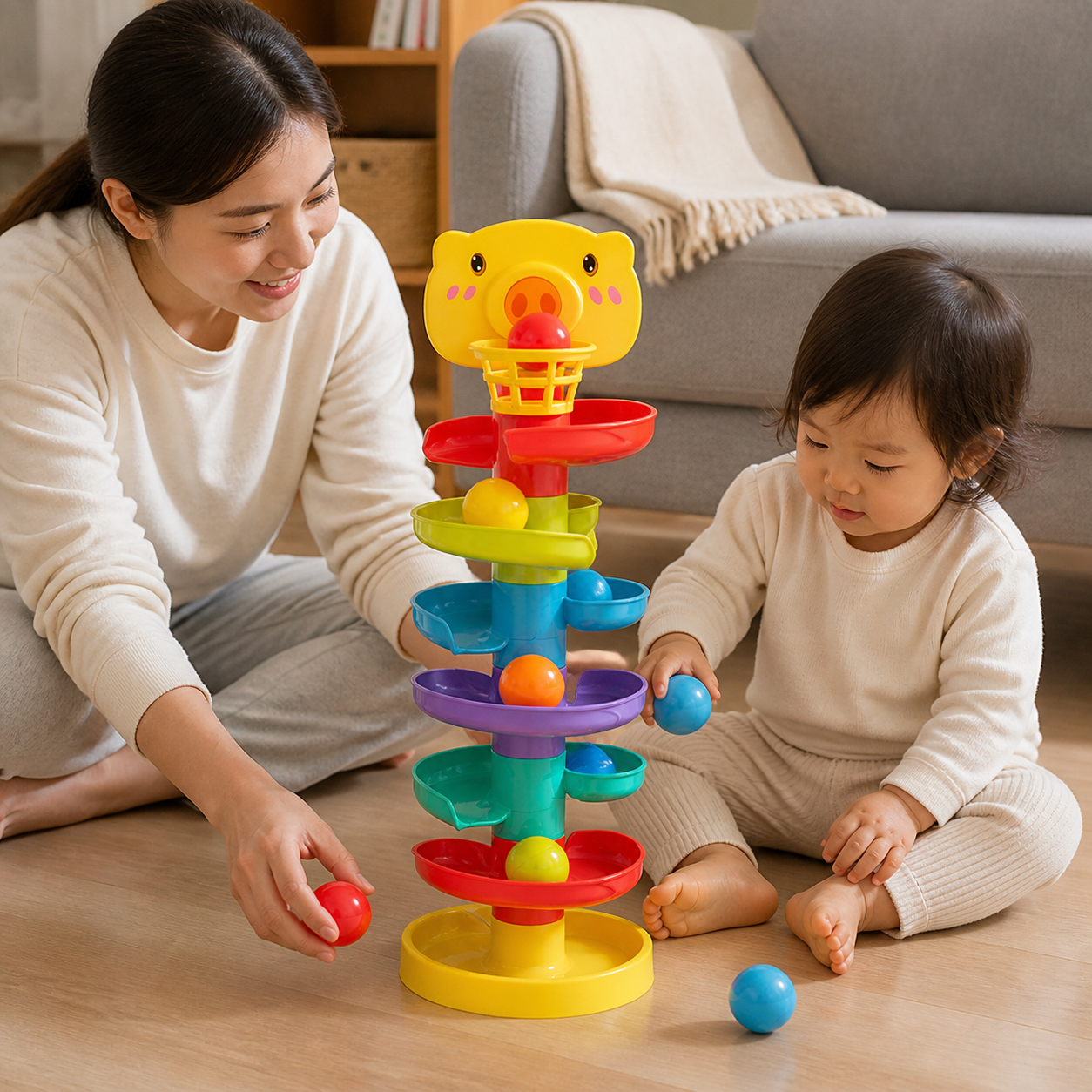 Baby Toy Ball Drop Toys Toddler 1-3y Rolling — parent and toddler collecting the balls and taking turns beside the stable tower