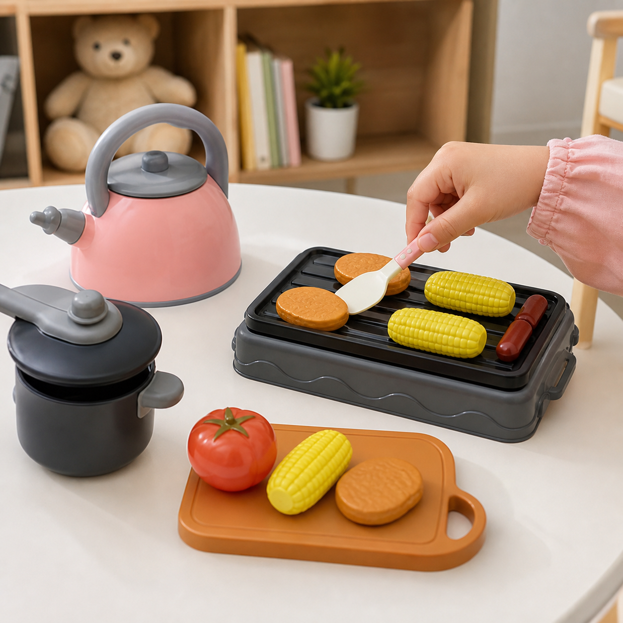 Children sharing a supervised pretend kitchen game with toy pots and food