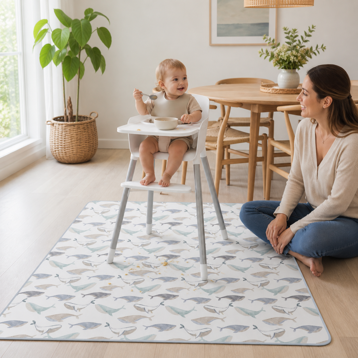 Whale-patterned splat mat spread beneath a high chair during a supervised toddler meal.