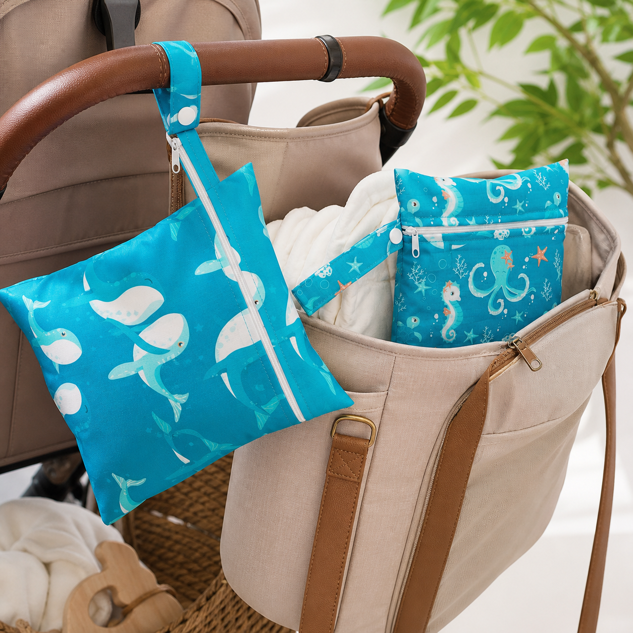 Two turquoise wet dry bags organised with a stroller and changing bag