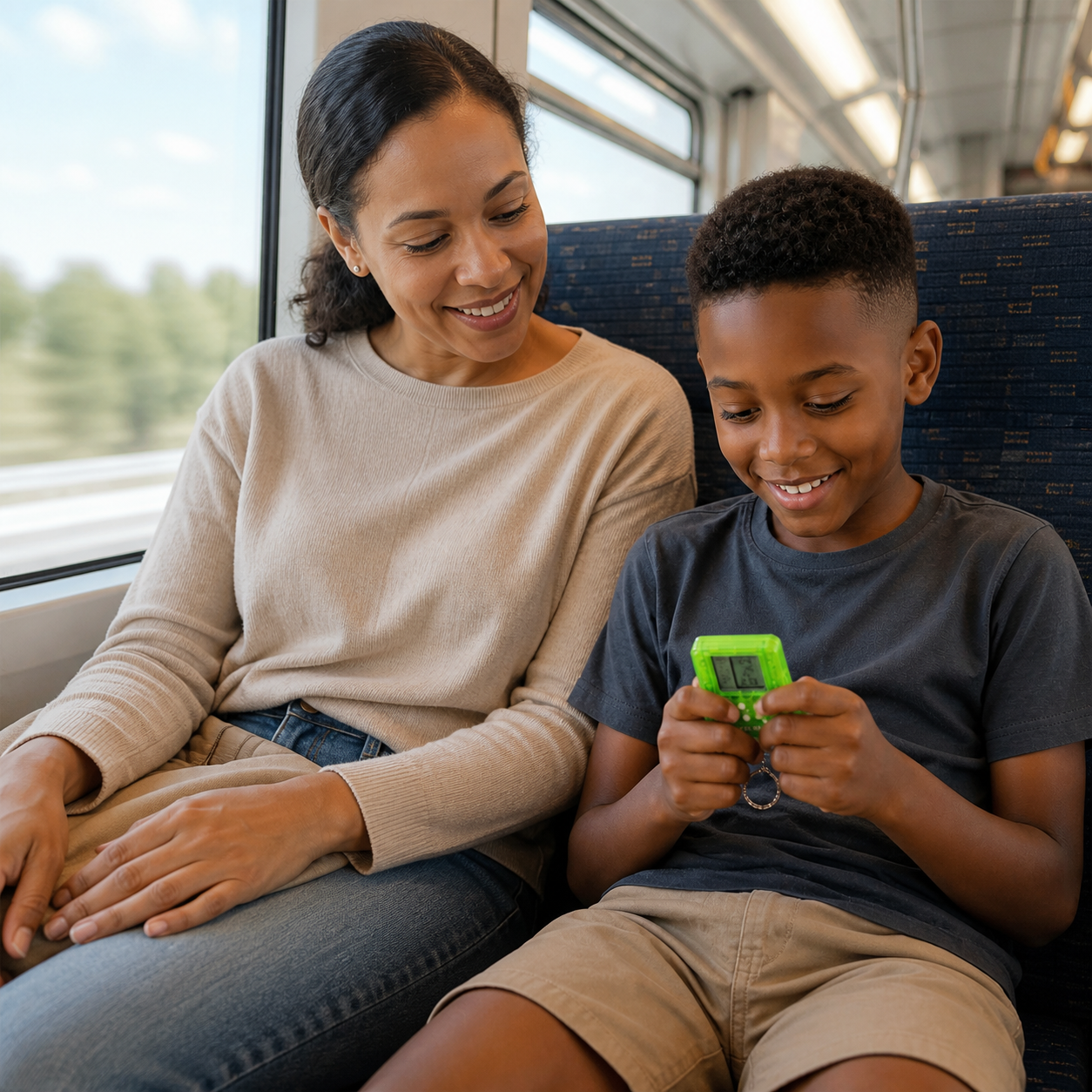 Classic Retro Mini Handheld Game Console Educational — parent and child taking turns with the mini console during a calm train journey