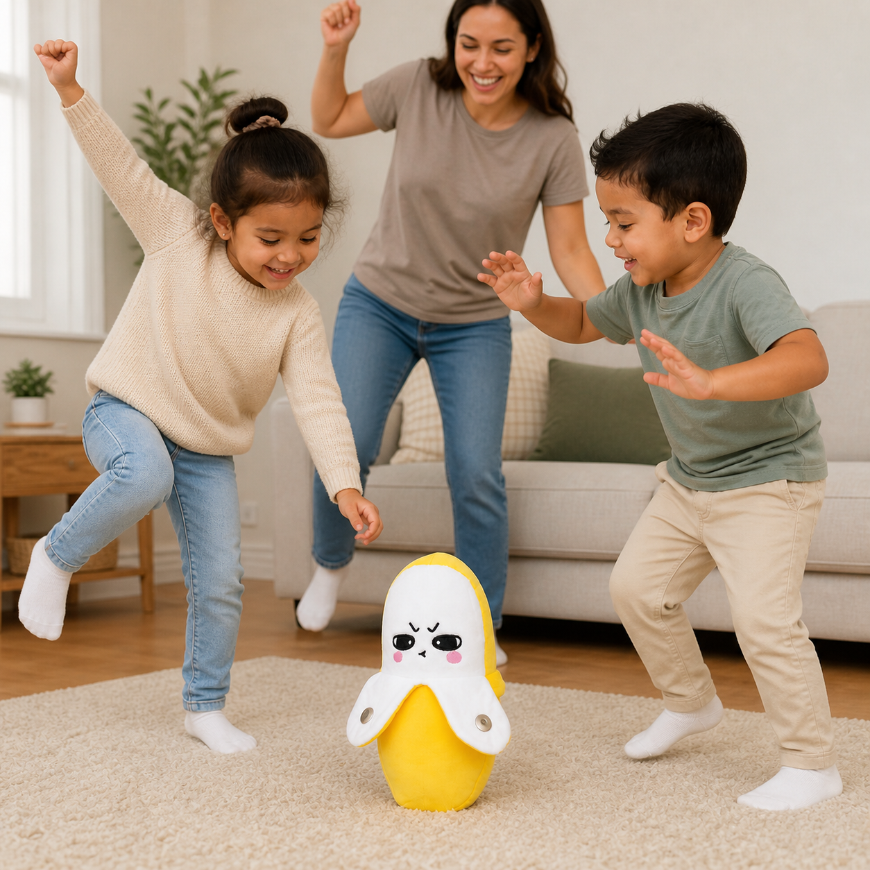 Creative Fruit Induction Metronome Sensory Banana Plush Toy — parent and children using the banana toy for a short family dance-and-freeze game