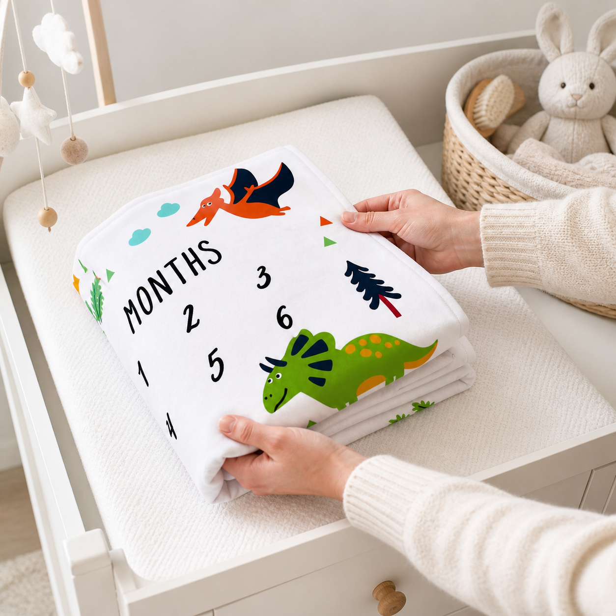 Adult hands folding a white dinosaur milestone blanket after a supervised photo session.