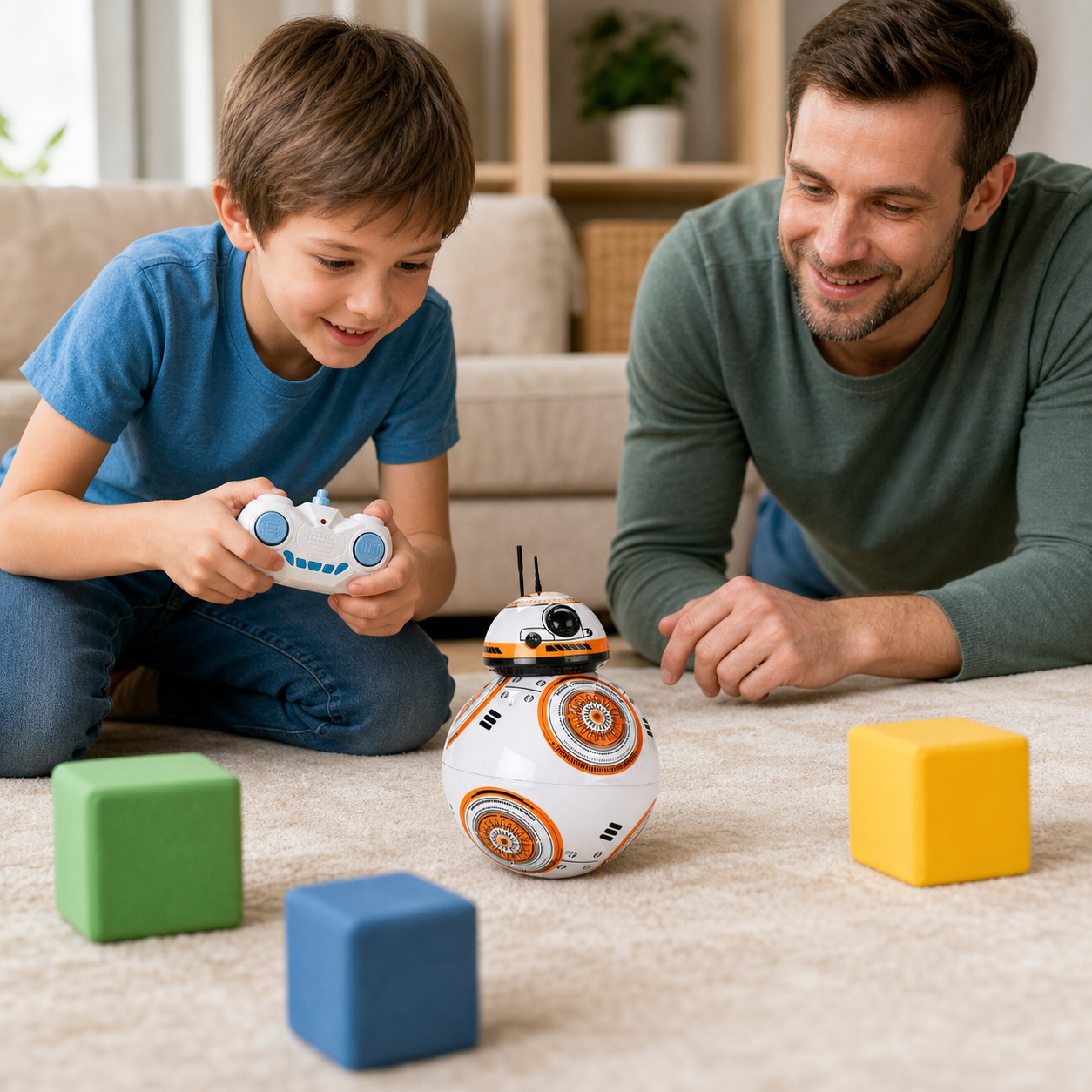 Child steering the orange-and-white spherical robot around soft blocks with a handheld controller and adult nearby