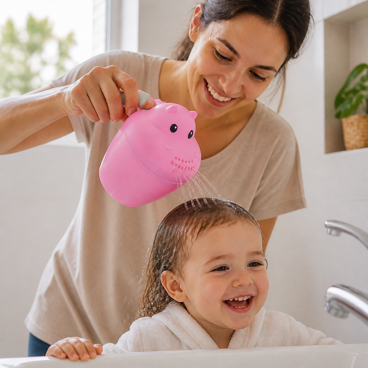 Baby Shampoo Rinser Durable Kids Rinse Cup Bath — parent and fully clothed toddler smiling after a quick hair-rinse routine beside the sink, product held clearly in parent’s hand