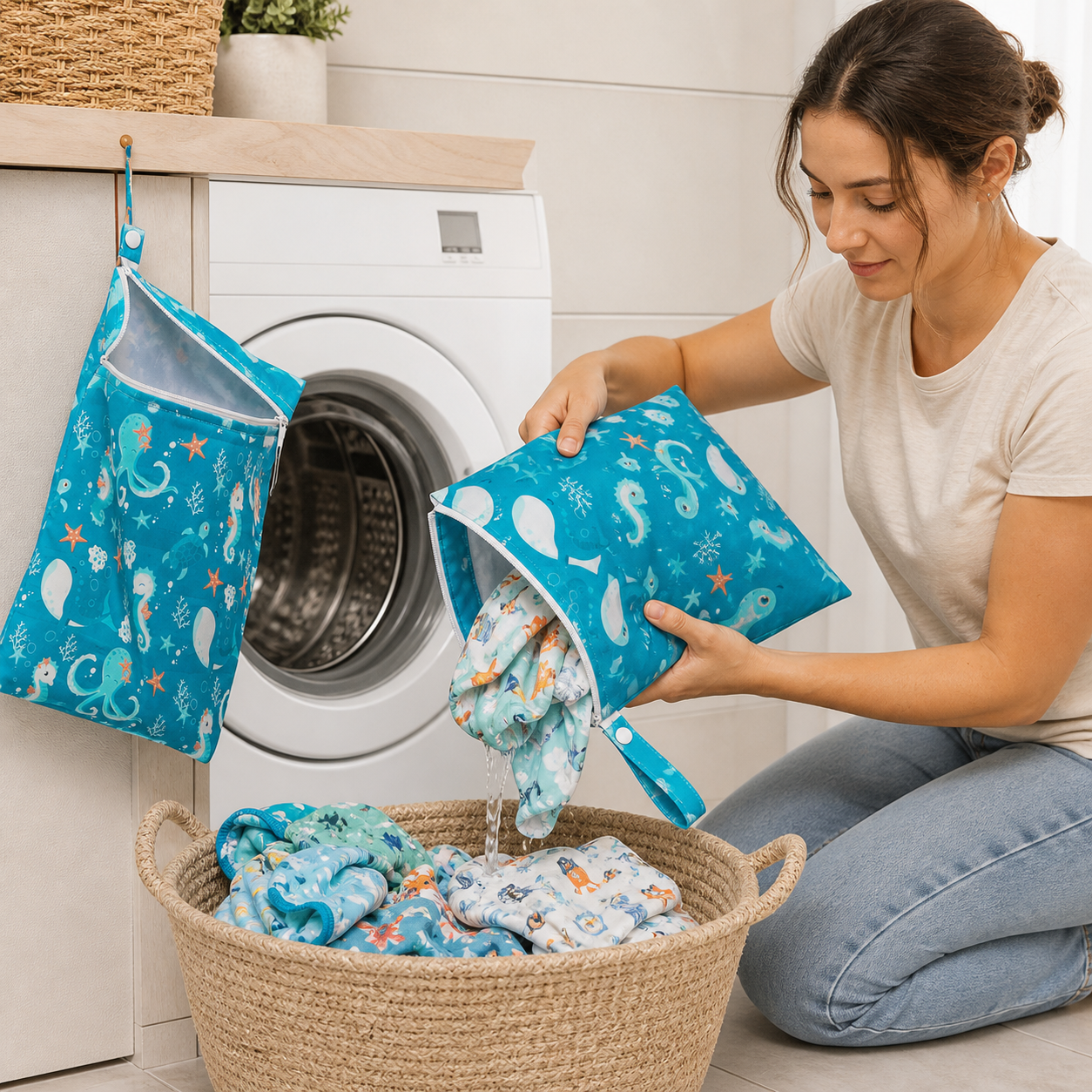 Adult emptying damp baby items from a turquoise wet dry bag into laundry