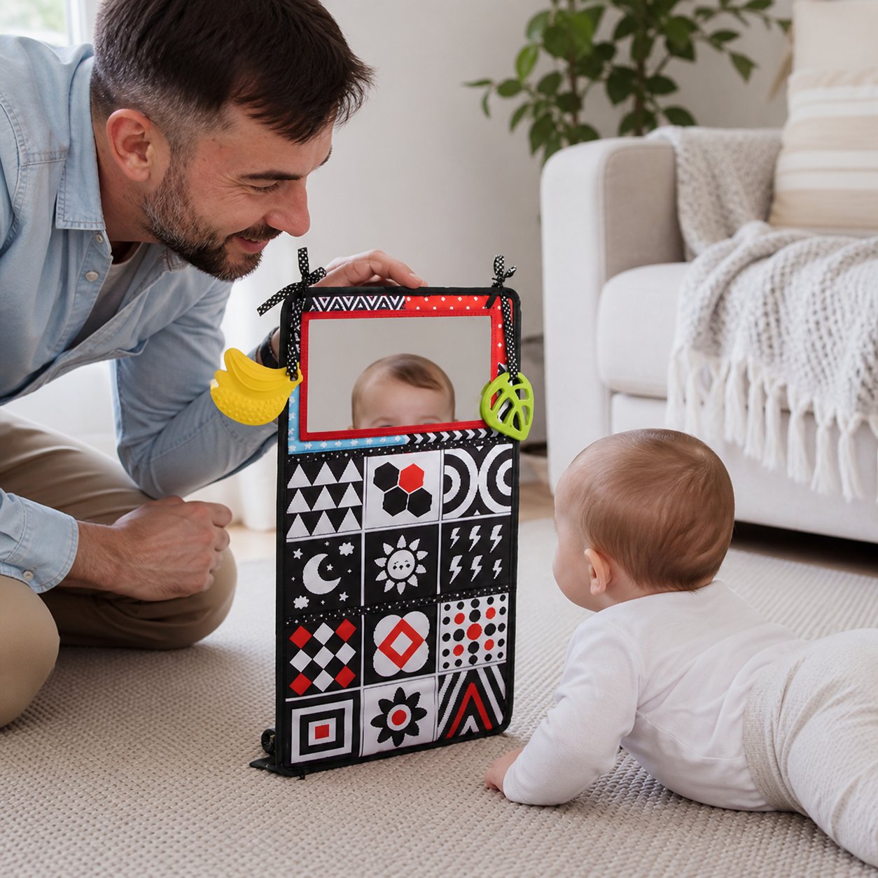 Black White Baby Floor Mirror Tummy Time Sensory — parent gently repositioning the foldable sensory panel for another supervised floor session