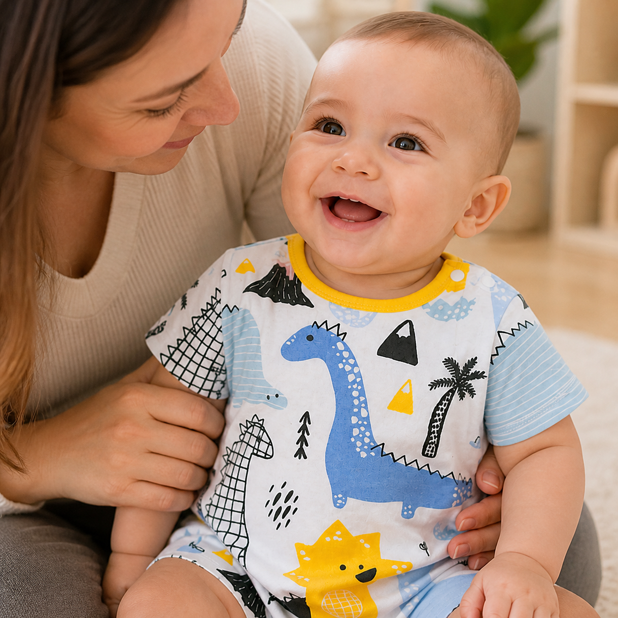 Short Sleeve Print Baby Clothing Cartoon Dinosaur Printed — close detail of the soft neckline, sleeve and dinosaur print while parent supports baby