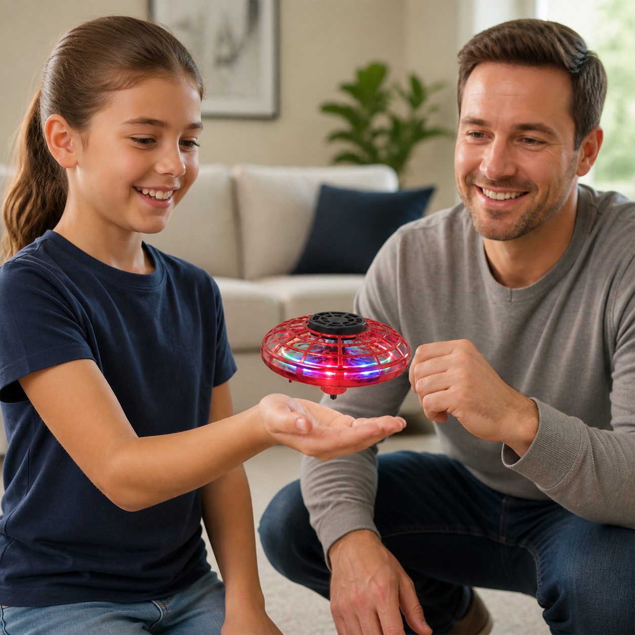 LED Flying Ufo Spinner Fingertip Upgrade Flight Helicopter — close view of the enclosed circular cage and glowing LEDs hovering at chest height, correct hands