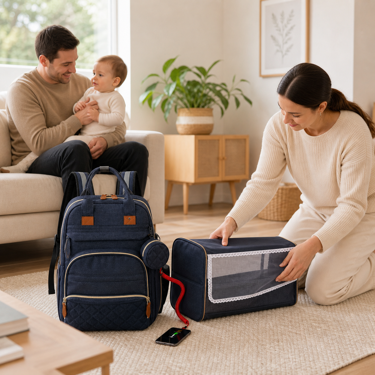 Empty mesh-sided fold-out section being packed back into a travel diaper backpack.