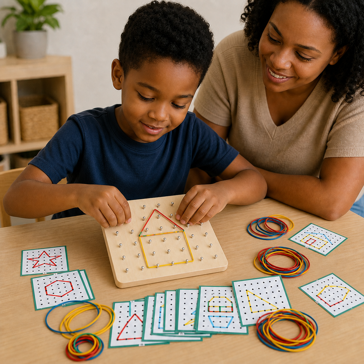 Child making a geometric pattern with colored bands on a wooden peg board