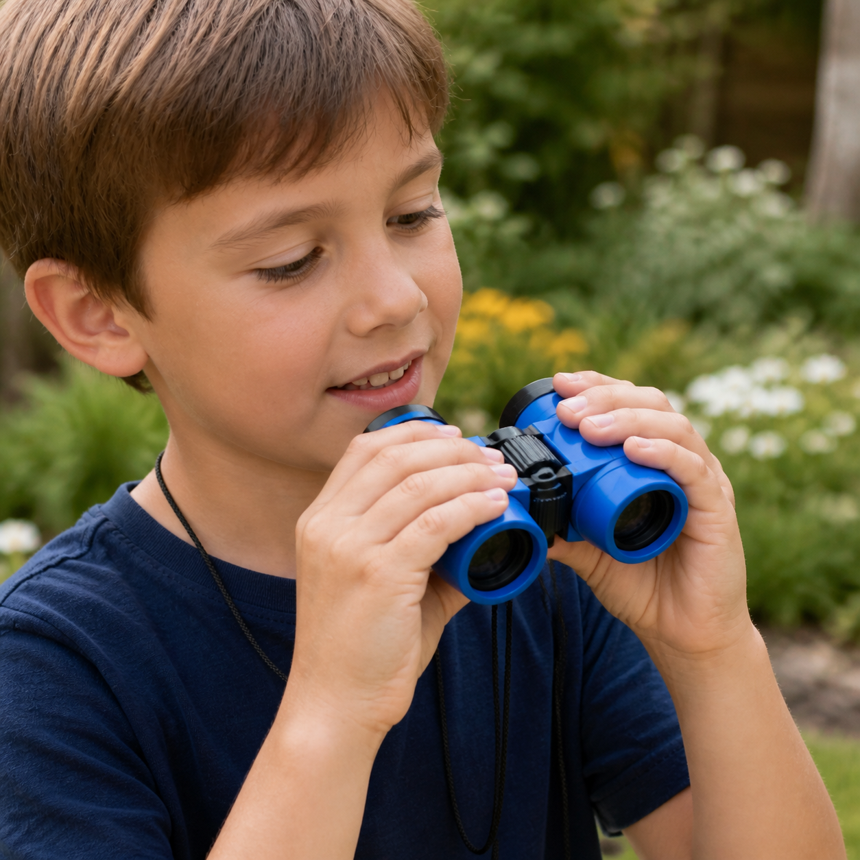 School-age child holding blue 4x30 binoculars at realistic scale