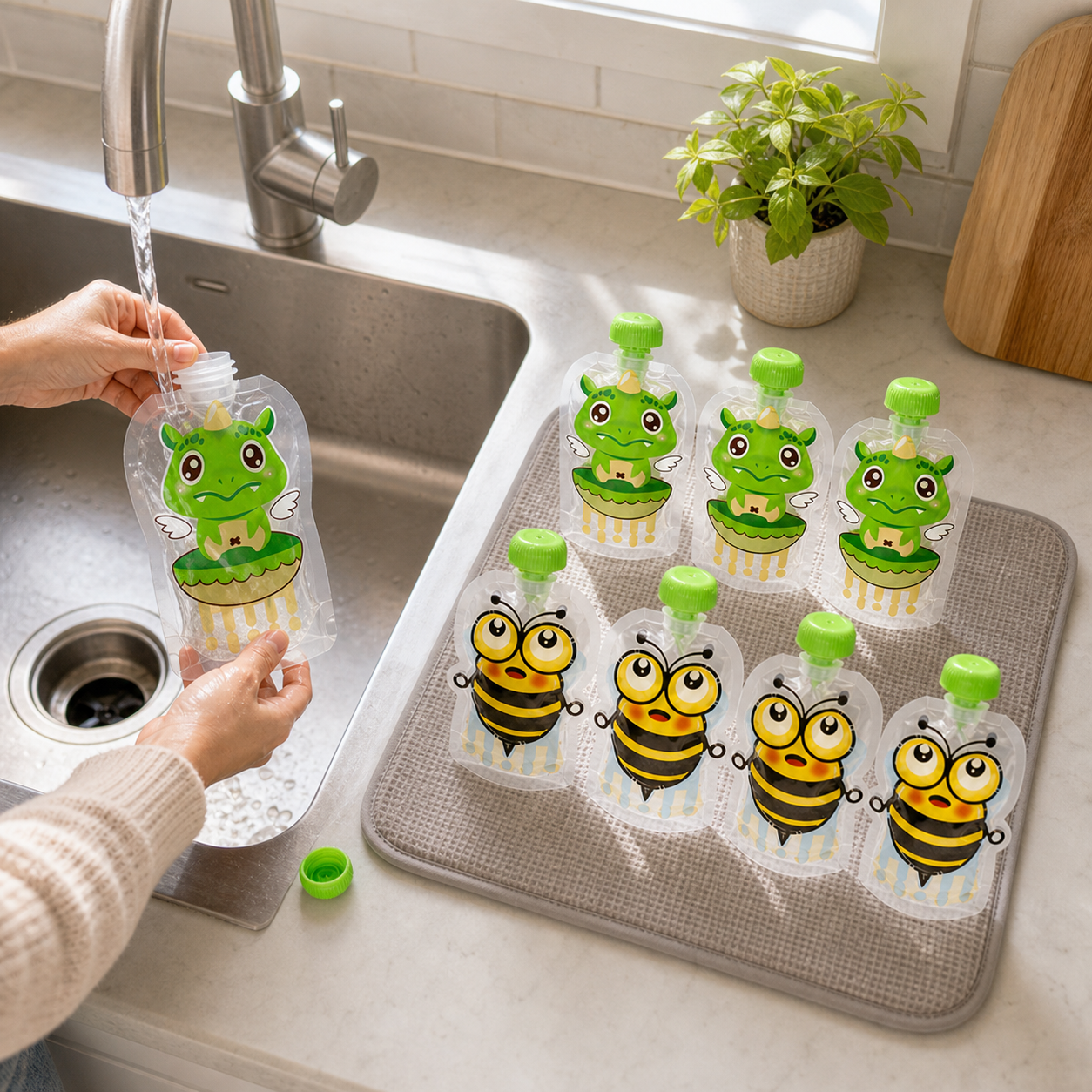 Eight reusable food pouches from the 8 PC Green option being rinsed and organised