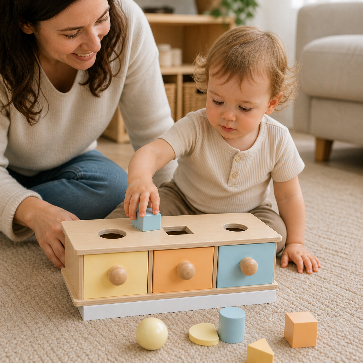 Play Kit Montessori Object Permanence Box Coin Carrot — toddler placing one shape into the correct top opening while parent watches