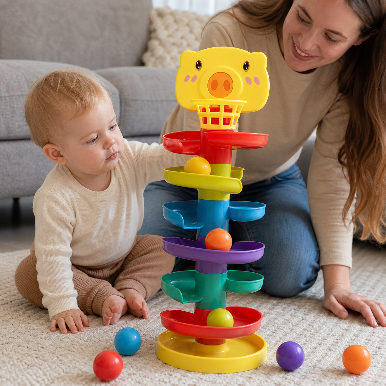 Baby Toy Ball Drop Toys Toddler 1-3y Rolling — close eye-level detail of one ball traveling around a spiral ramp, whole tower still identifiable