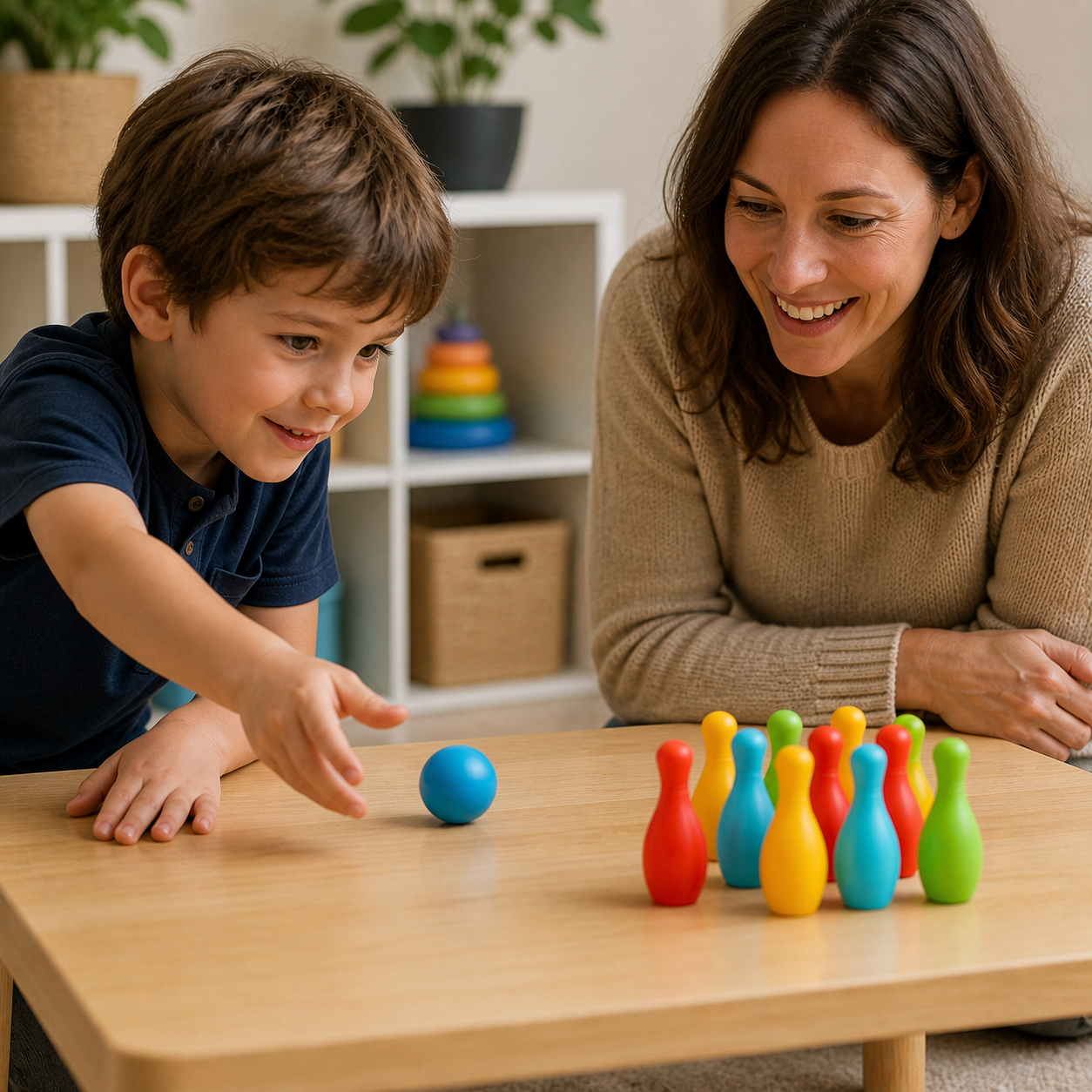 Child rolling a mini bowling ball toward ten small pins on a tabletop at home