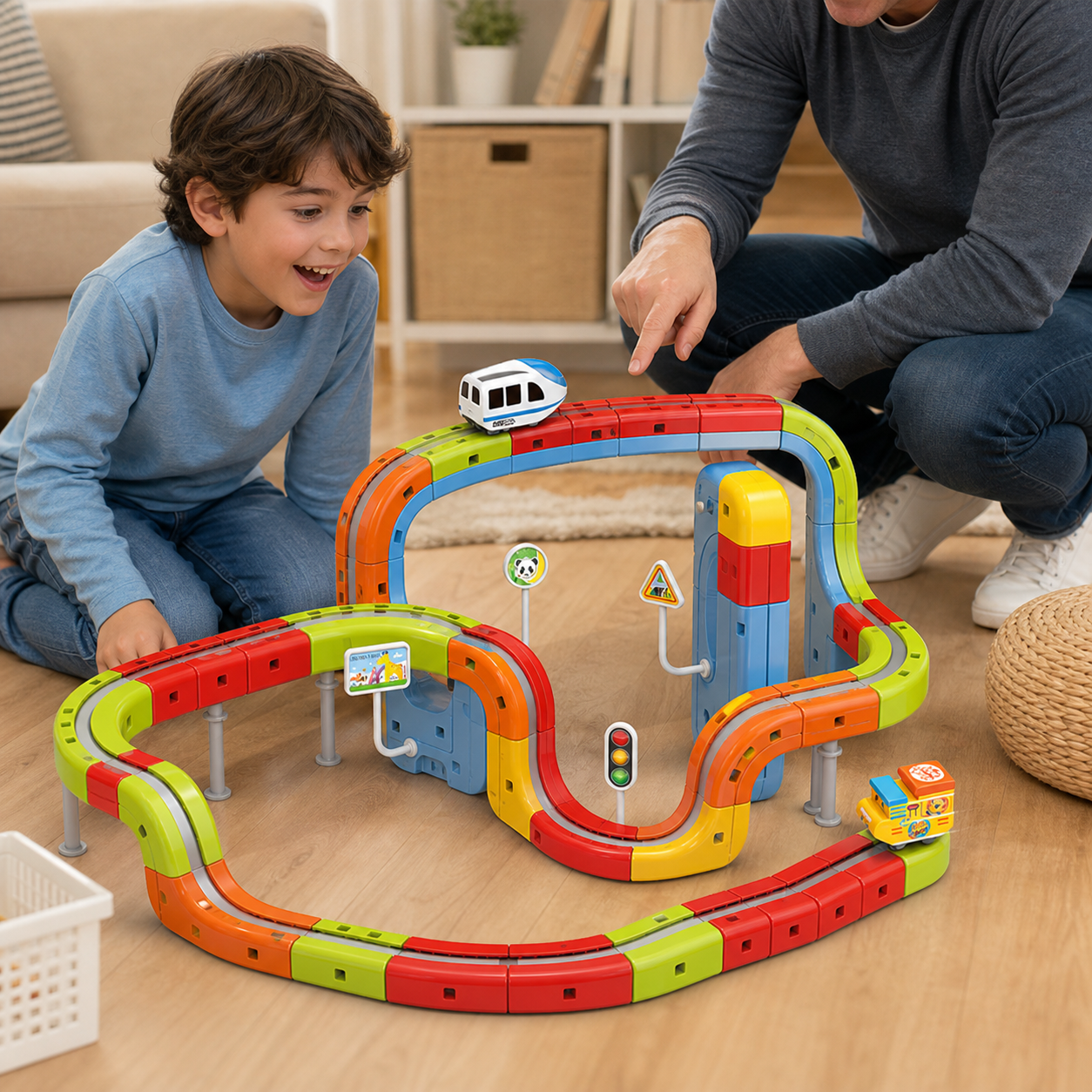 Child watching a white-and-blue train travel over a supported colourful modular track