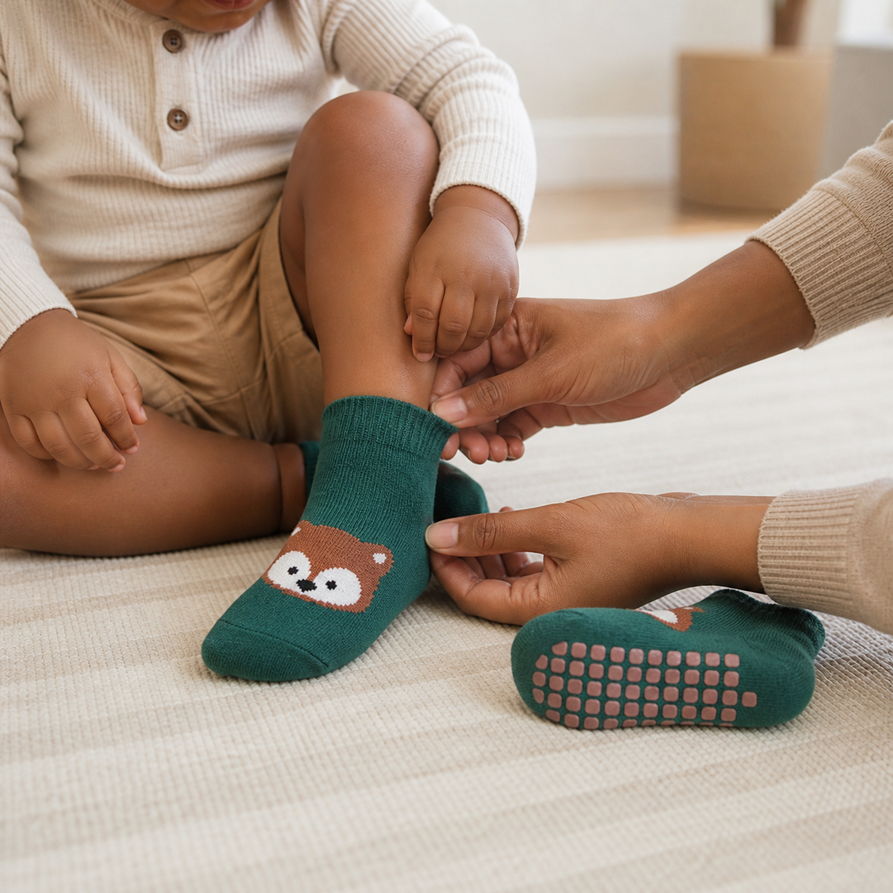 Parent checking the cuff and heel fit of a green fox sock on a young child