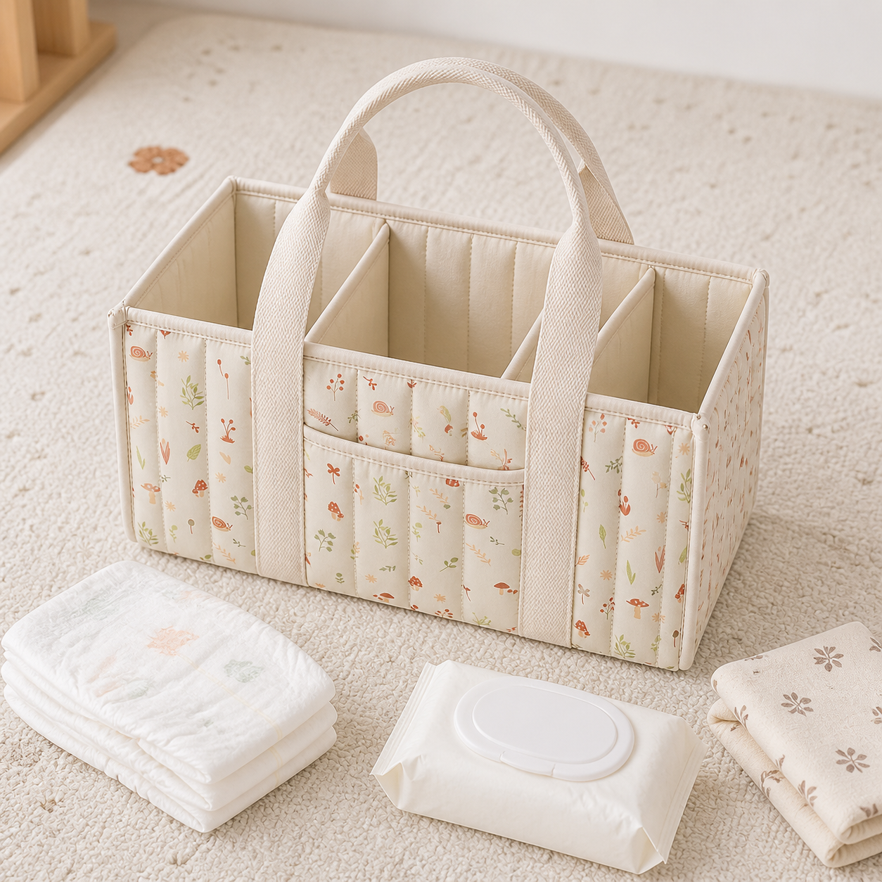 Empty beige botanical diaper organizer showing dividers, front pocket and woven handles