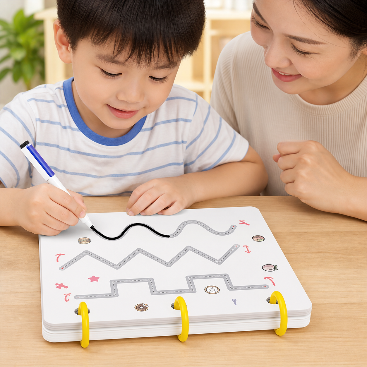 Young child tracing a simple line in a 34-page reusable practice book