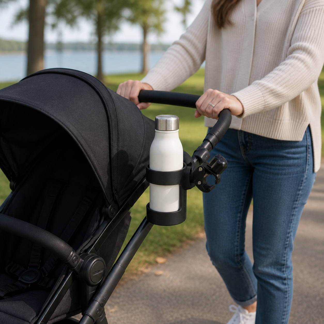 Universal Pram Cup Holder Adjustable Milk Bottle Coffee — parent pushing the stroller on a calm walk with the cool sealed bottle stable in the holder