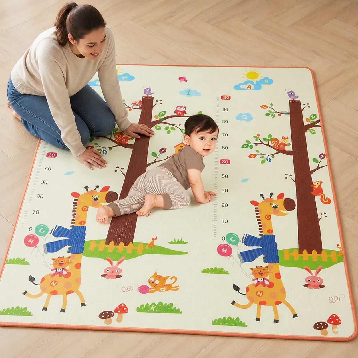 90cm Baby Play Mat Epe Activity Gym Kids — baby crawling on the full 120 by 90 cm mat seen from a neutral overhead angle, parent beside it for honest scale