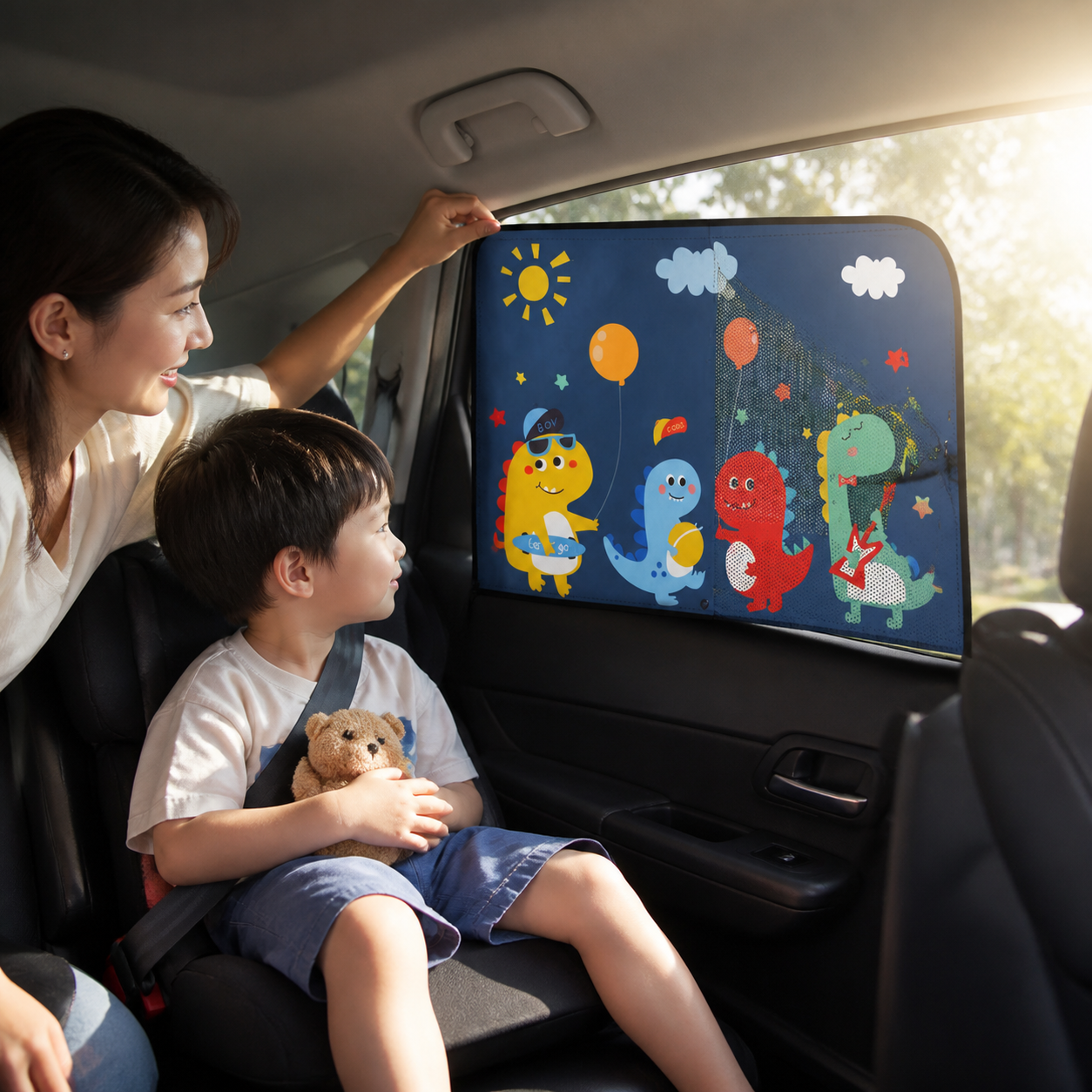 Parent checking a rear side window shade fit in bright sunlight