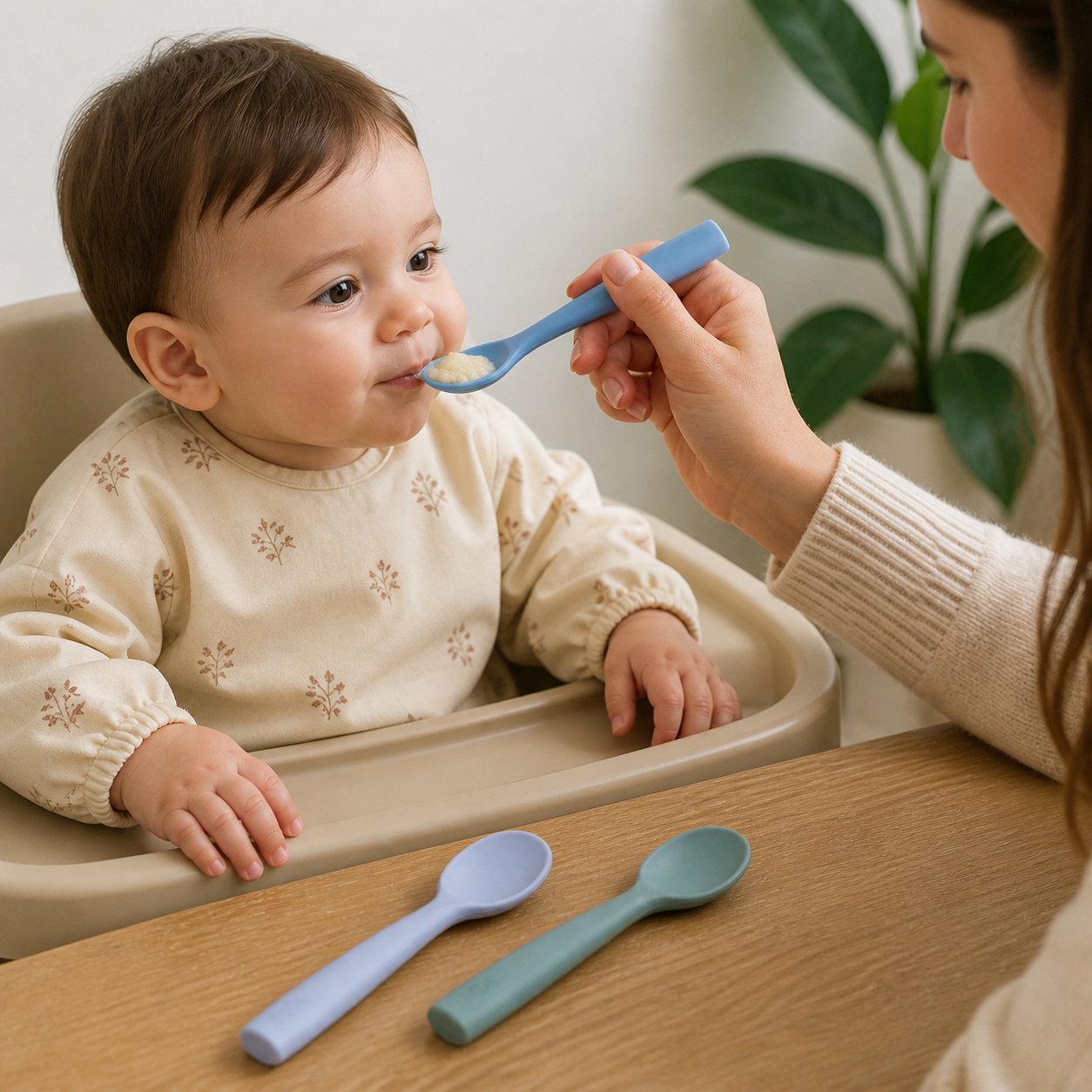 Silicone Spoon Personalized Custom Name Material Soft Baby — parent offering a small spoonful with the pale blue silicone spoon to an upright seated baby