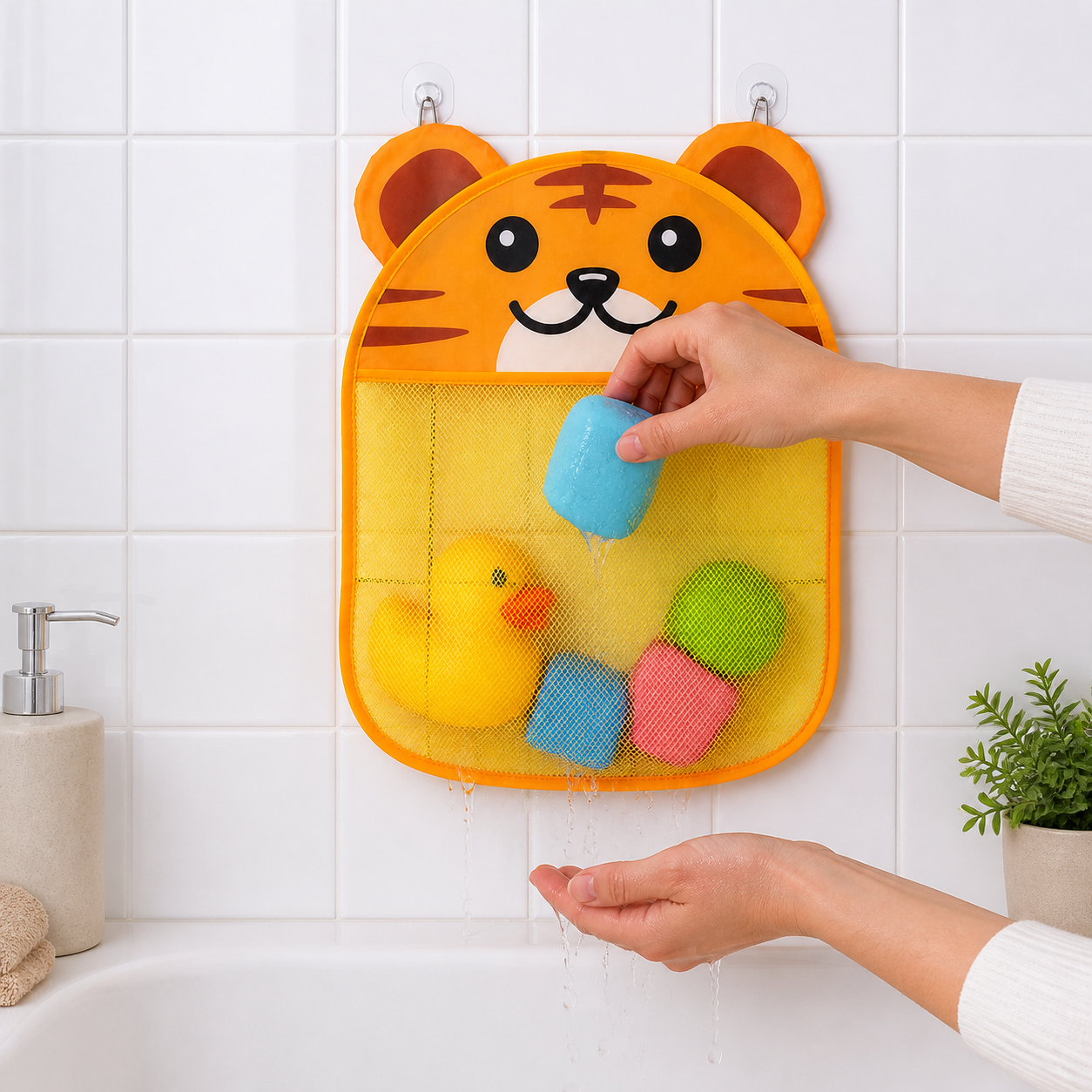 Parent and young child putting bath toys into an orange tiger mesh organizer
