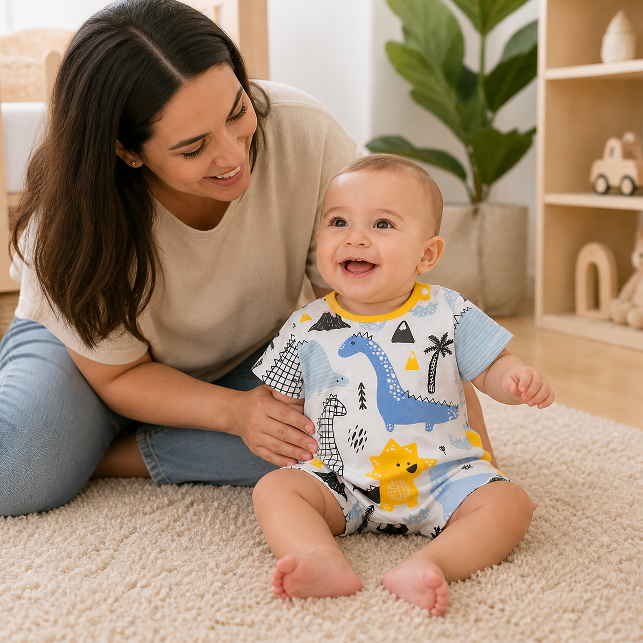 Short Sleeve Print Baby Clothing Cartoon Dinosaur Printed — happy baby wearing the exact dinosaur-print short-sleeve romper while seated on a floor rug