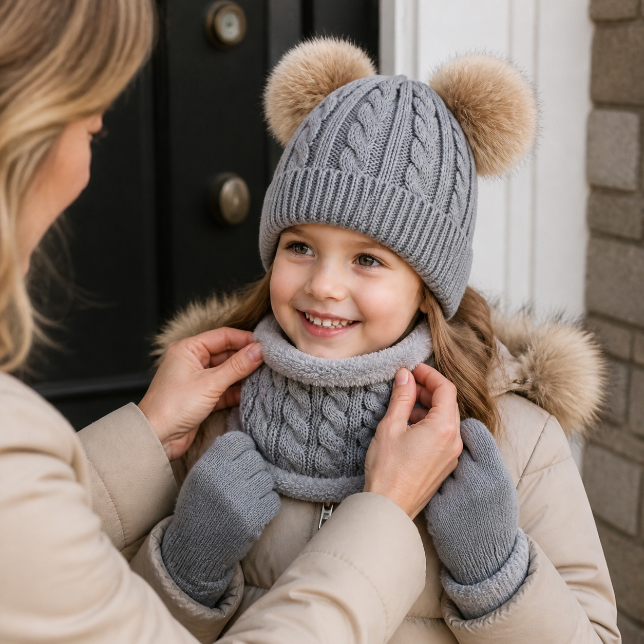 Parent checking the grey fleece-lined neck warmer on a child wearing the matching winter set