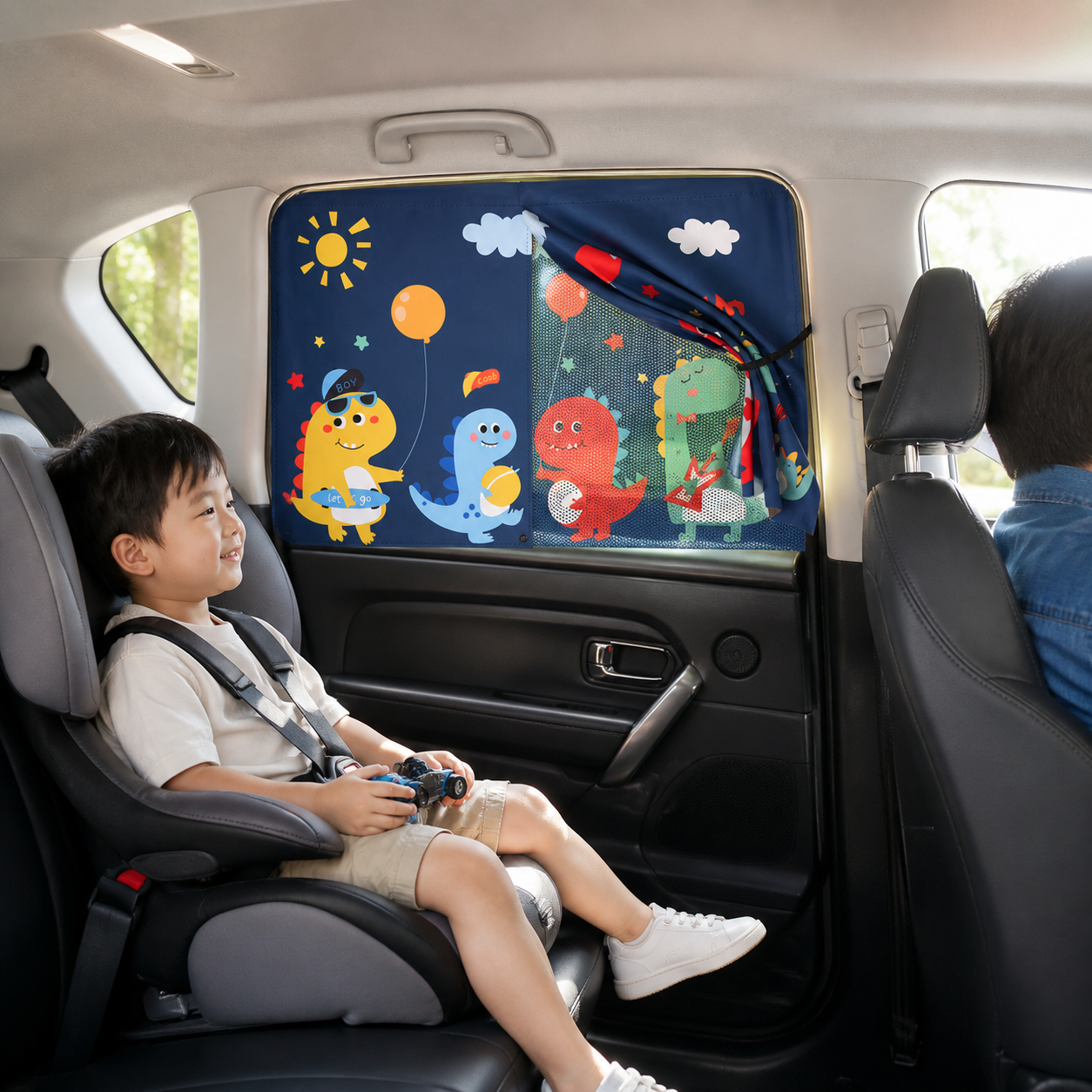 Magnetic dinosaur car window shade filtering harsh side light for a correctly restrained child