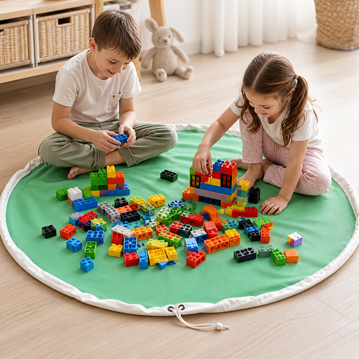 Two children playing with large building blocks on the flat L Green drawstring toy mat