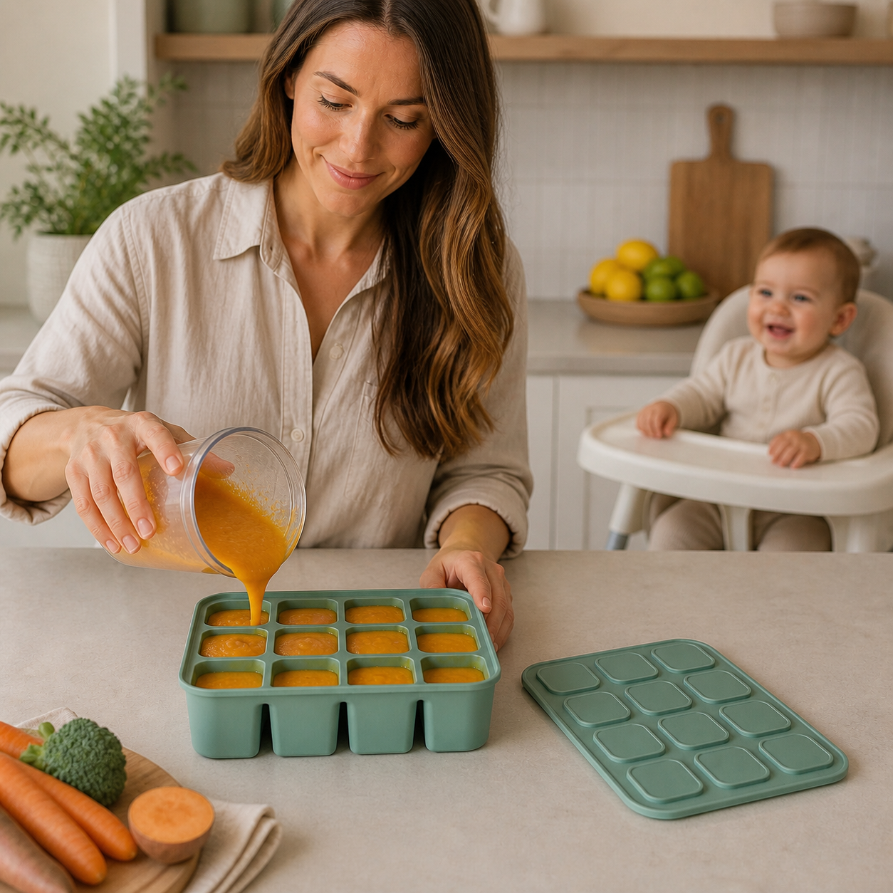 Parent portioning vegetable puree into a sage twelve-compartment silicone tray