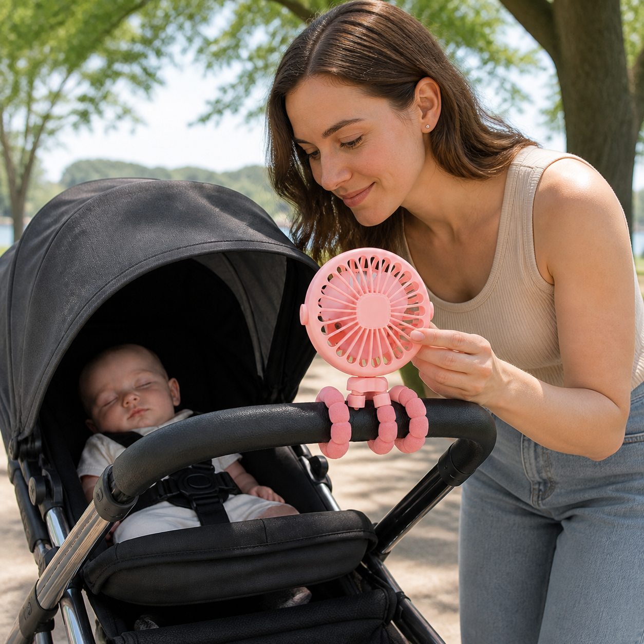 Baby Stroller Fan Mini Portable Pram USB Rechargeable — parent checking the fan position and indirect airflow while baby rests safely under the canopy