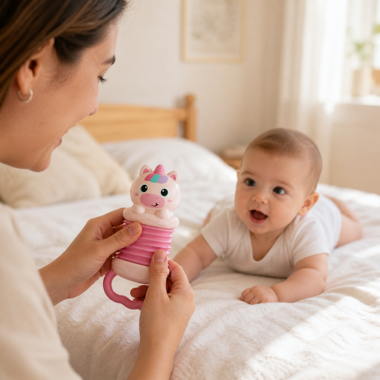 Baby Accordion Toy Unicorn Musical Instrument Early — parent gently compressing the pink unicorn accordion while baby watches from a safe distance