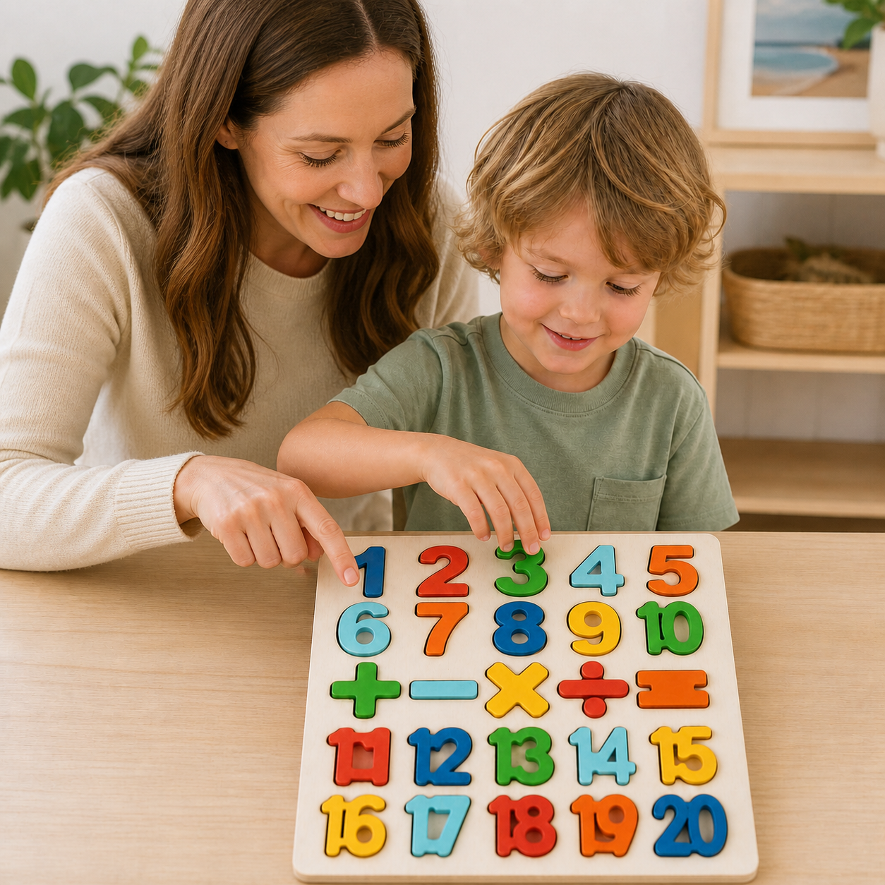 Montessori Toys Letter Numbers Wooden Puzzle Sorting Math — parent and child using the finished number board for a simple counting game at home