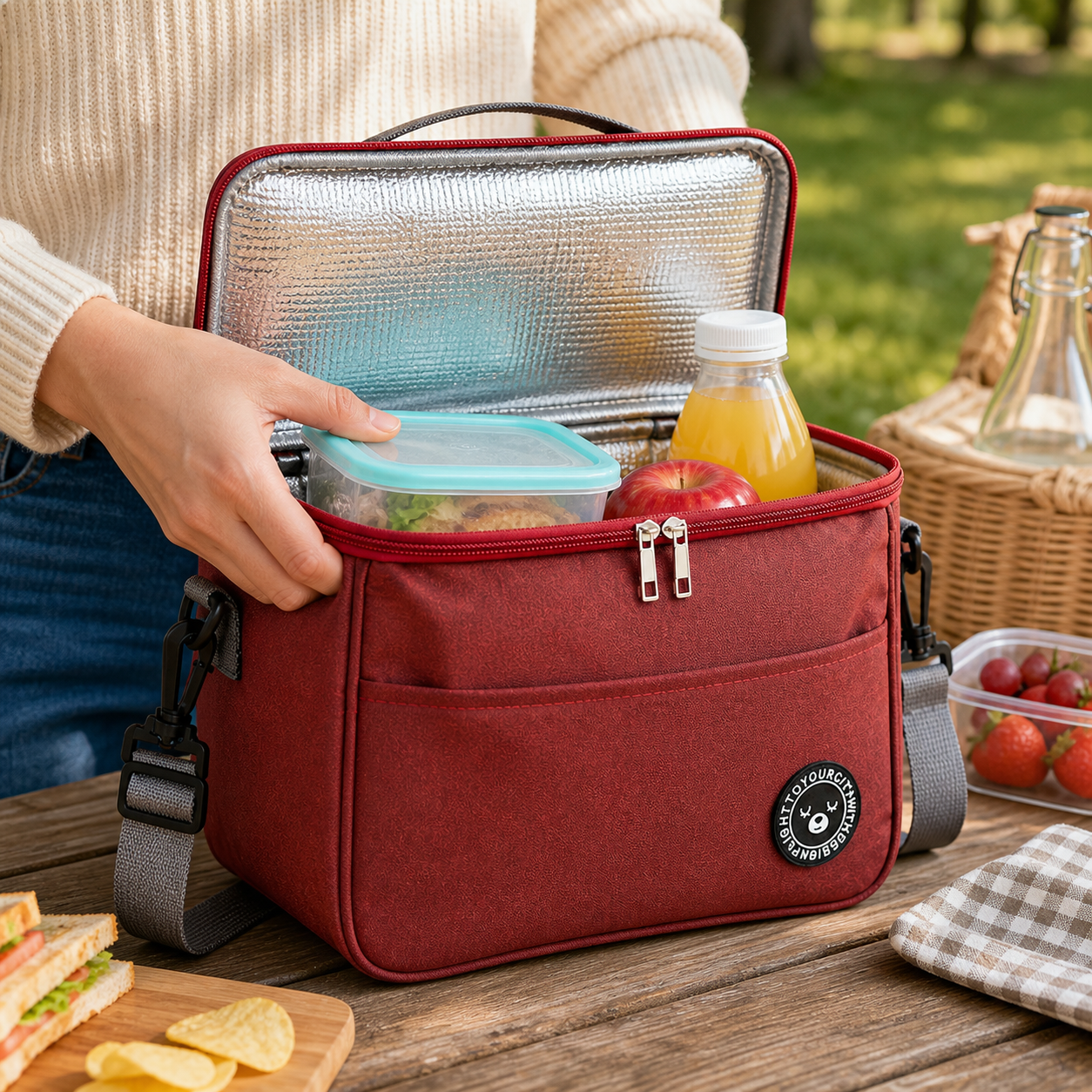 Open burgundy lunch bag showing silver insulated lining at a family picnic table.
