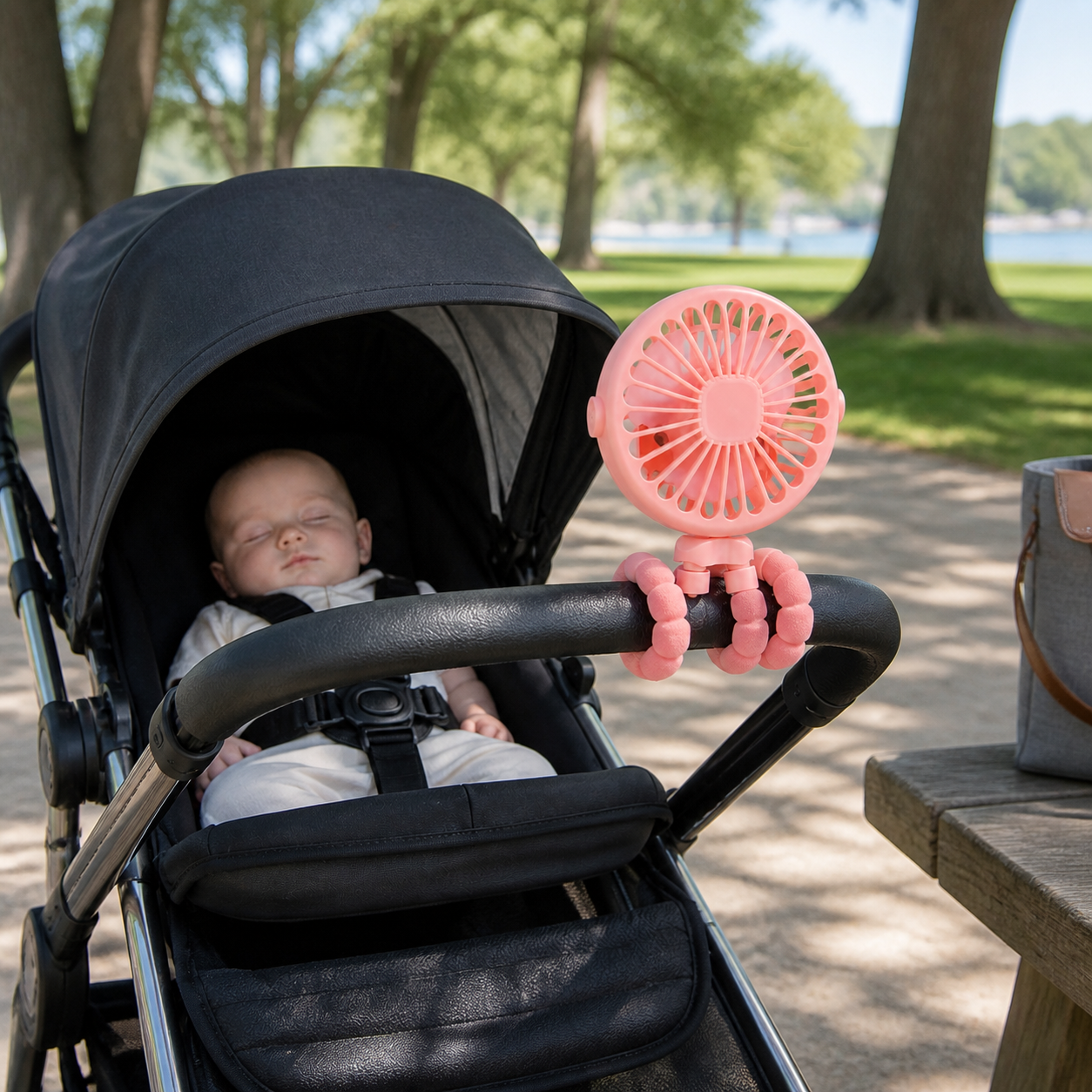 Baby Stroller Fan Mini Portable Pram USB Rechargeable — pink fan securely attached outside reach on a stationary stroller during a shaded park stop