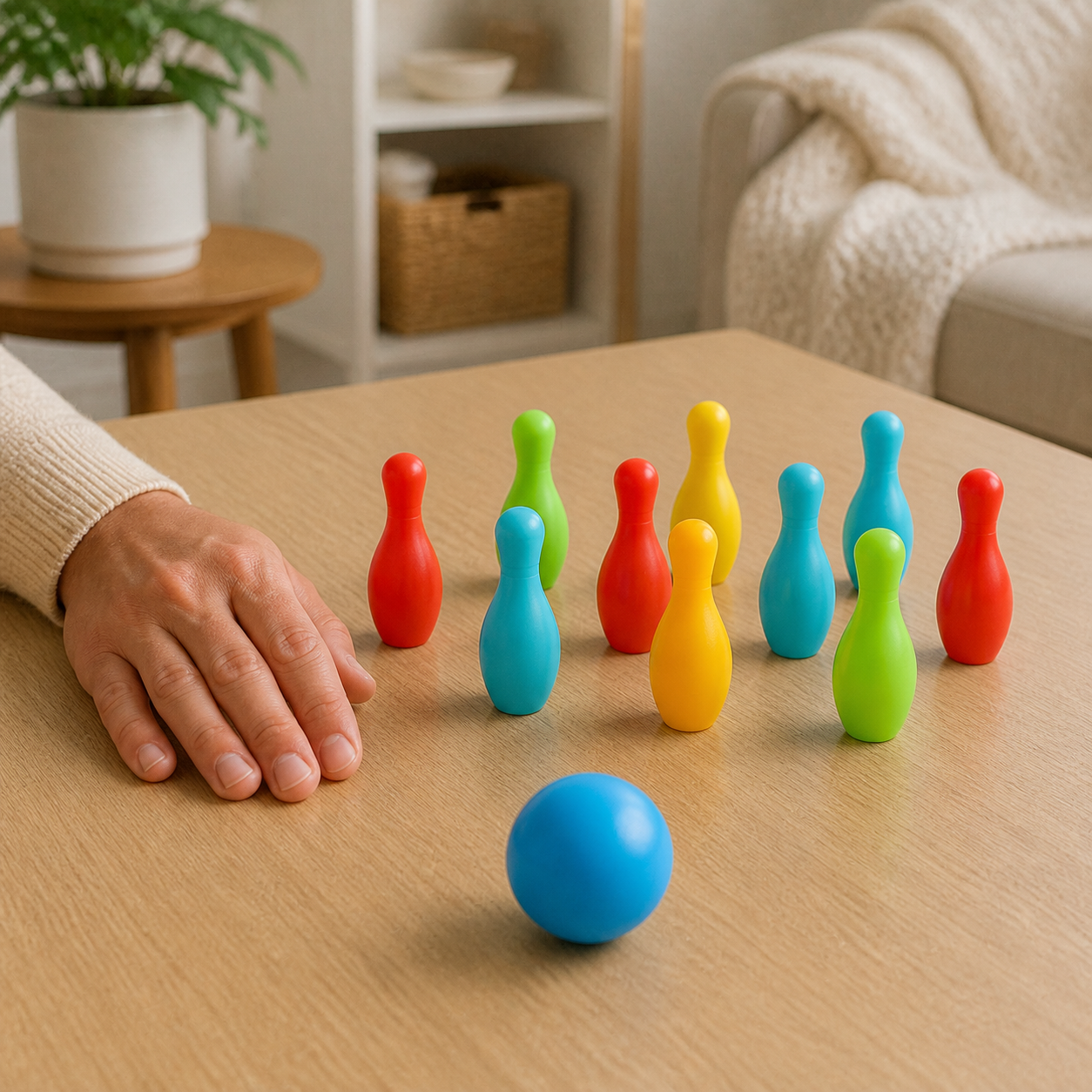Exactly ten mini bowling pins and one ball being neatly gathered after indoor play