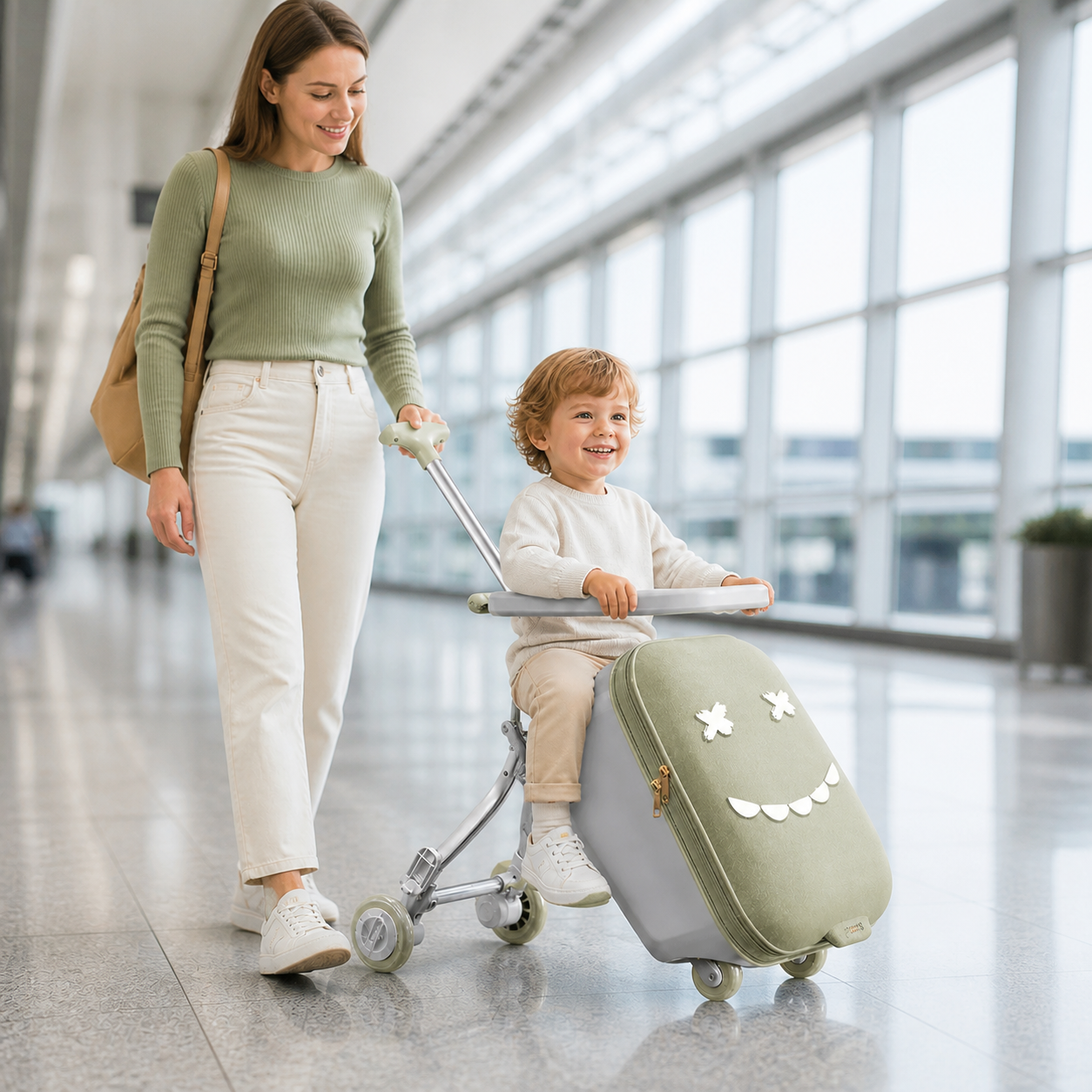 Happy preschool child riding correctly on a pale-green monster trolley suitcase while a parent guides it through a long airport corridor.