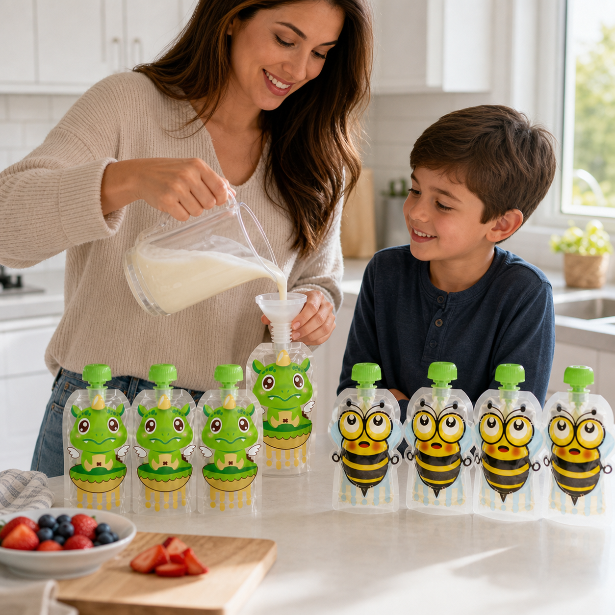Parent filling a green reusable food pouch through its wide opening with a funnel