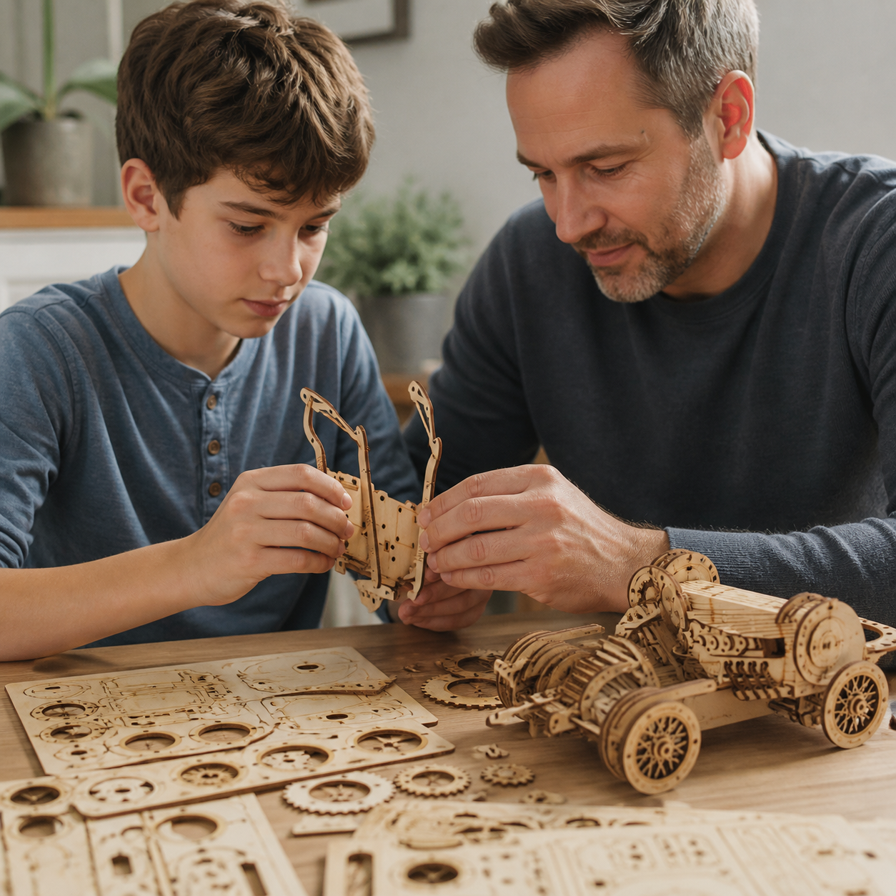 3D Car Wooden Puzzle Scale Model DIY Kit — older child and parent carefully fitting two wooden car pieces together at a work table